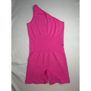 OQQ One Shoulder Seamless Ribbed Romper Pink Biker Short Bodycon Asymmetrical M